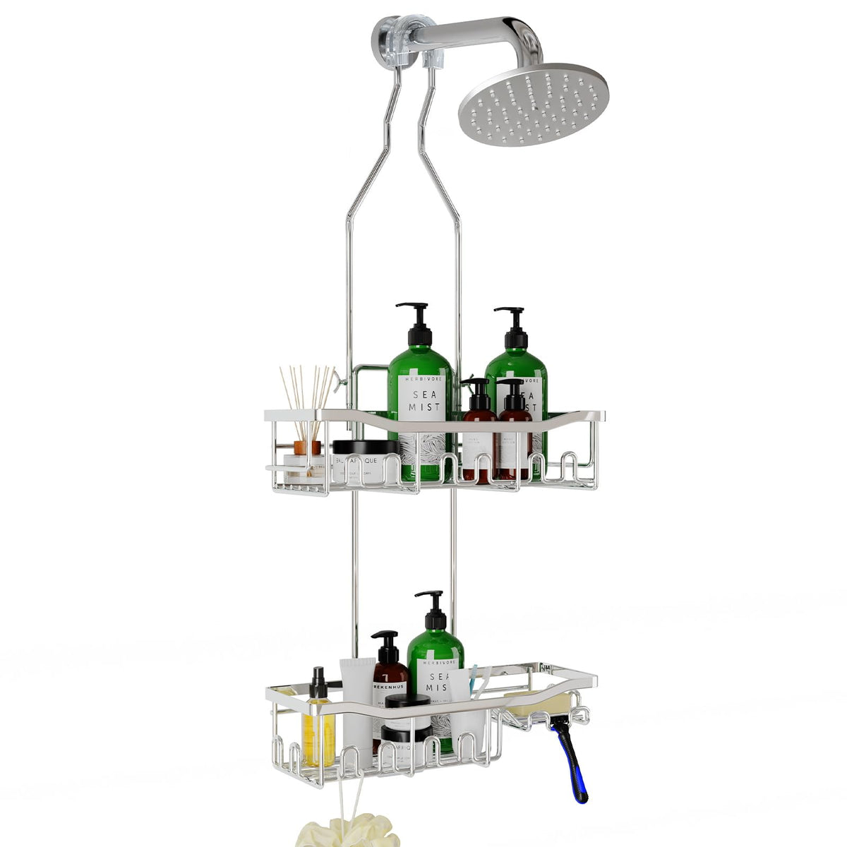 Joqixon shower caddy over the shower head keeps essentials within reach.