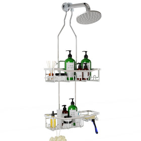 Joqixon shower caddy over the shower head keeps essentials within reach.