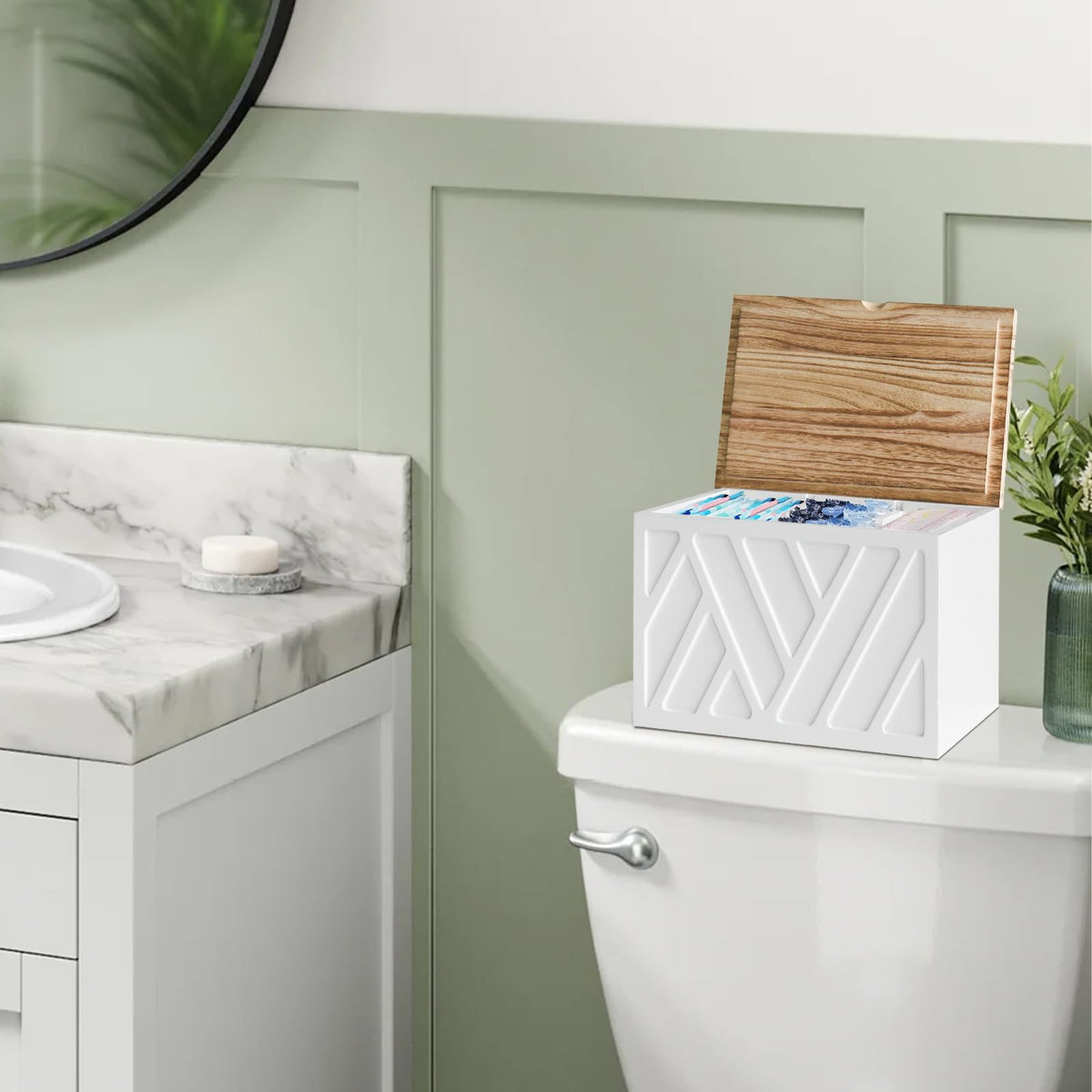 Jorkol tampon box lid protects contents from dust while preserving privacy.