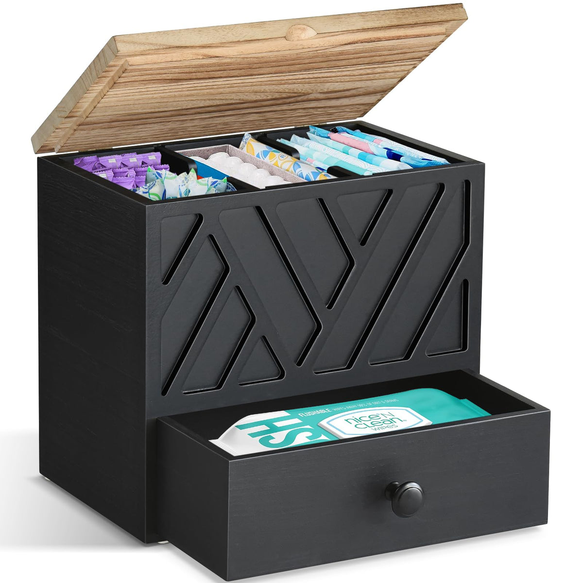Jorkol tampon holder with lid and drawer keeps tampons organized and private.