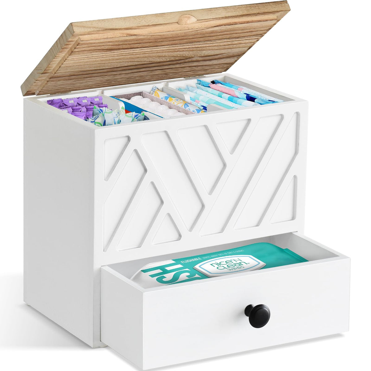 Jorkol tampon holder with lid and drawer keeps tampons organized and dust-free.