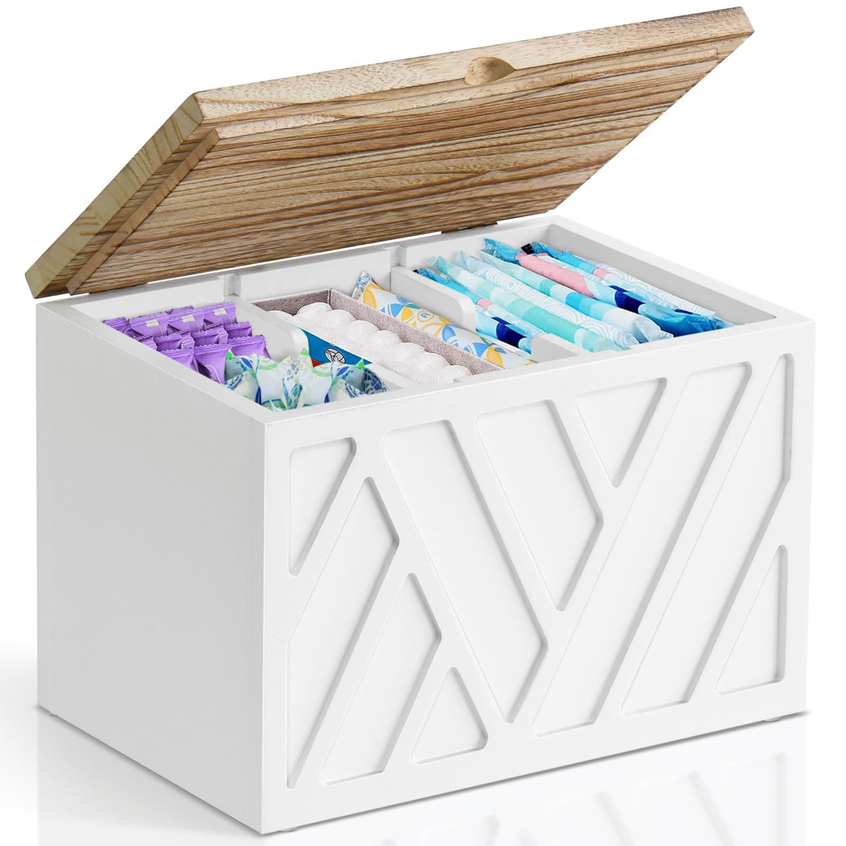 Jorkol tampon holder with lid on vanity keeps items organized and discreet.