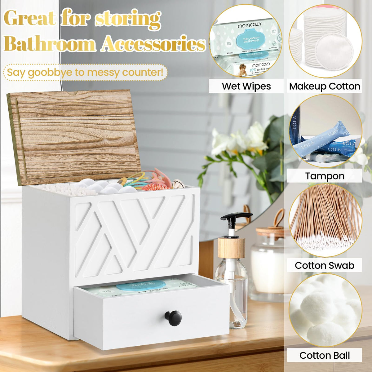Jorkol tampon organizer with wooden design complements any decor.