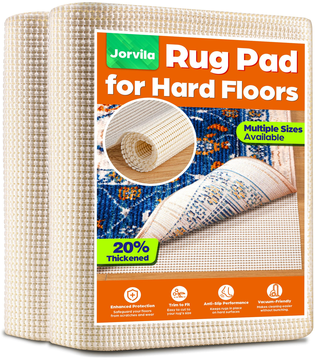 Jorvila non-slip rug pad grips securely under area rugs for safety.