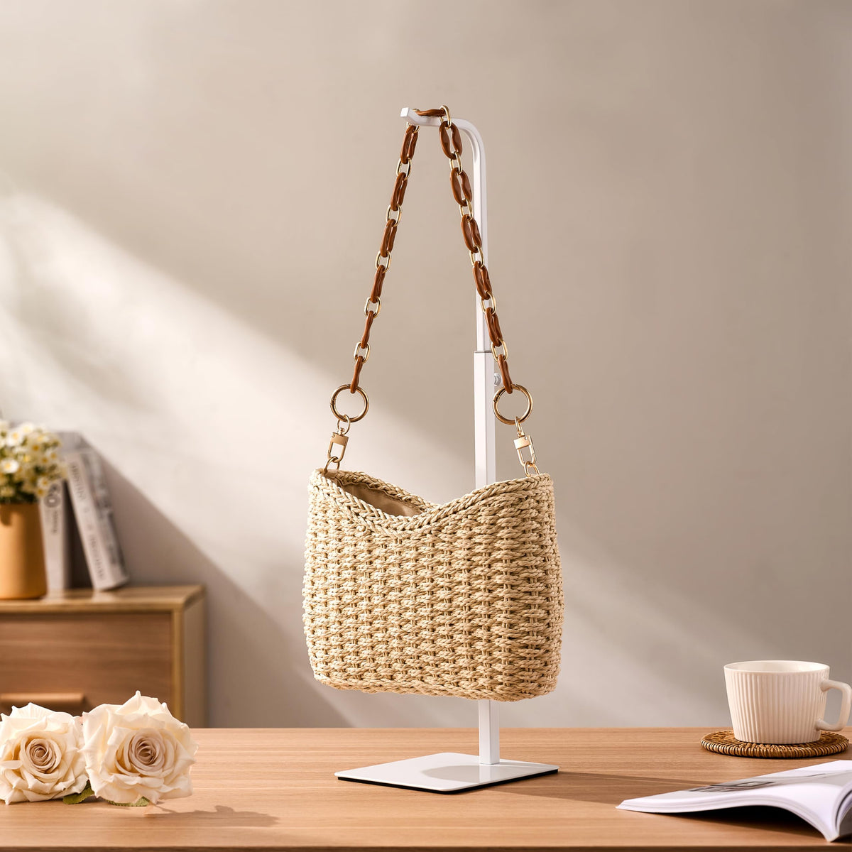 Josmimic adjustable purse display adapts to different bag sizes with stability.