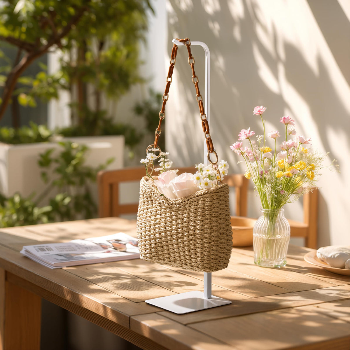 Josmimic display stand for bags highlights accessories in retail or home setups.