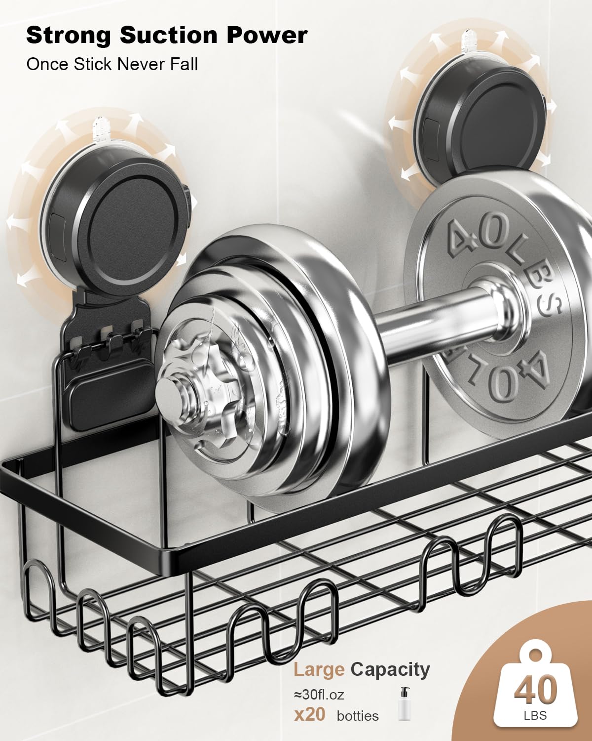 JOTPE large-capacity shower shelves keep toiletries neatly organized.