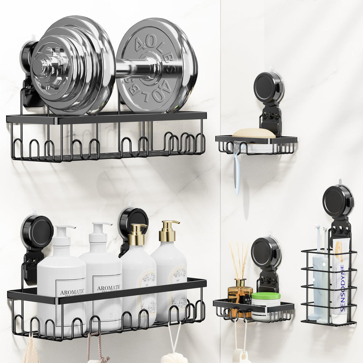 JOTPE shower caddy 5-pack overview showing spacious bath storage.
