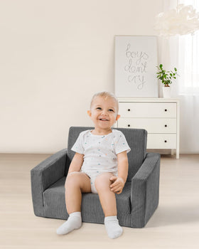 Jouha toddler sofa converts into a reclining chair for nap time.
