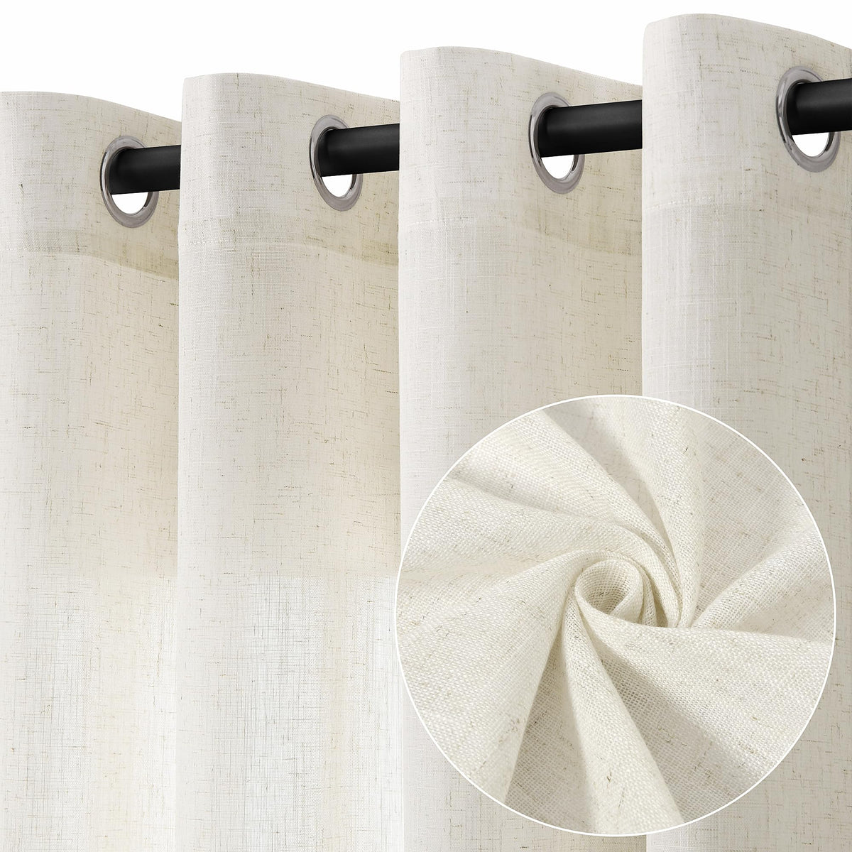 Jowels natural cream linen curtains texture close-up showing durable, natural-looking fabric.