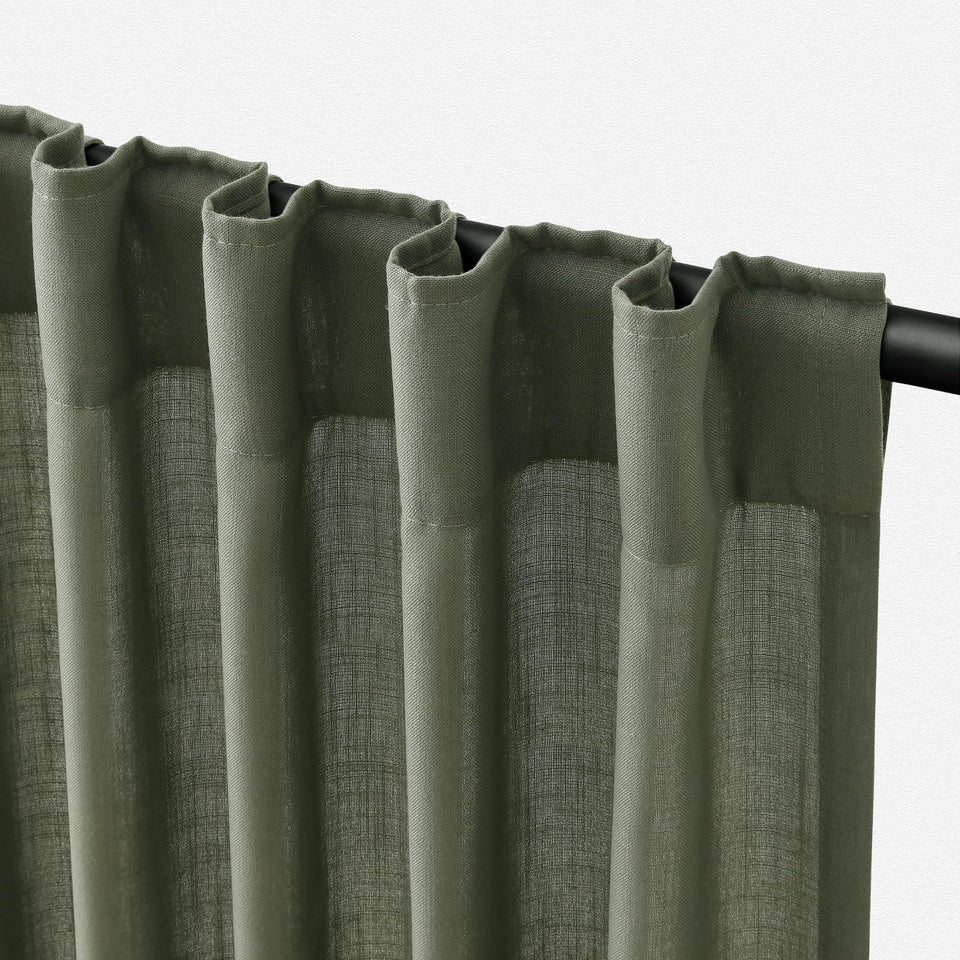 Jowels olive-green linen curtains with textured fabric diffuse light softly