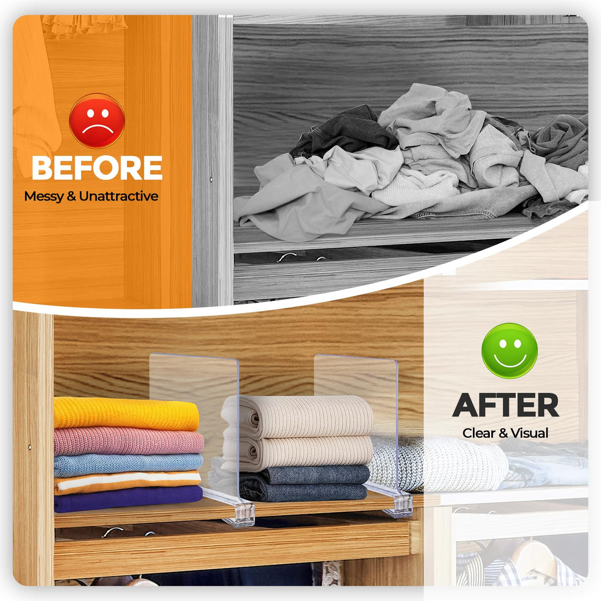JOY DECOR clear-design dividers reflect light to visually expand small closets.