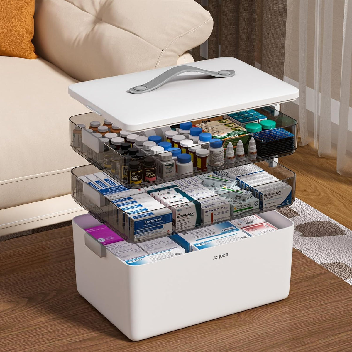 JOYBOS 3-Tier medicine storage box front view for organized home use.