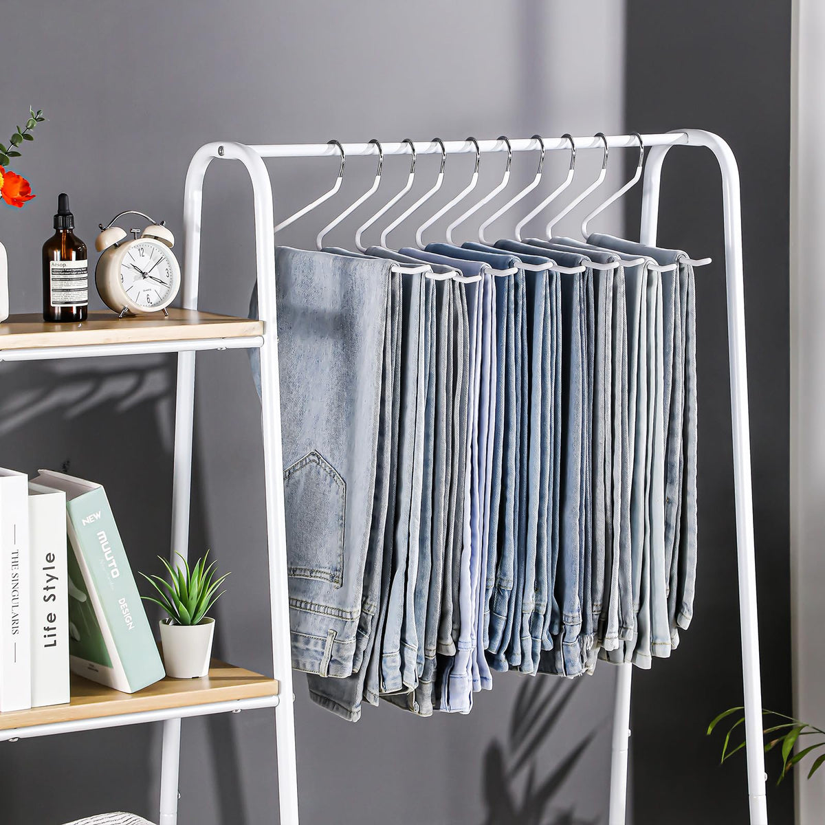 JOYBOS pants hanger with non-slip coating keeps trousers secure on the rod.