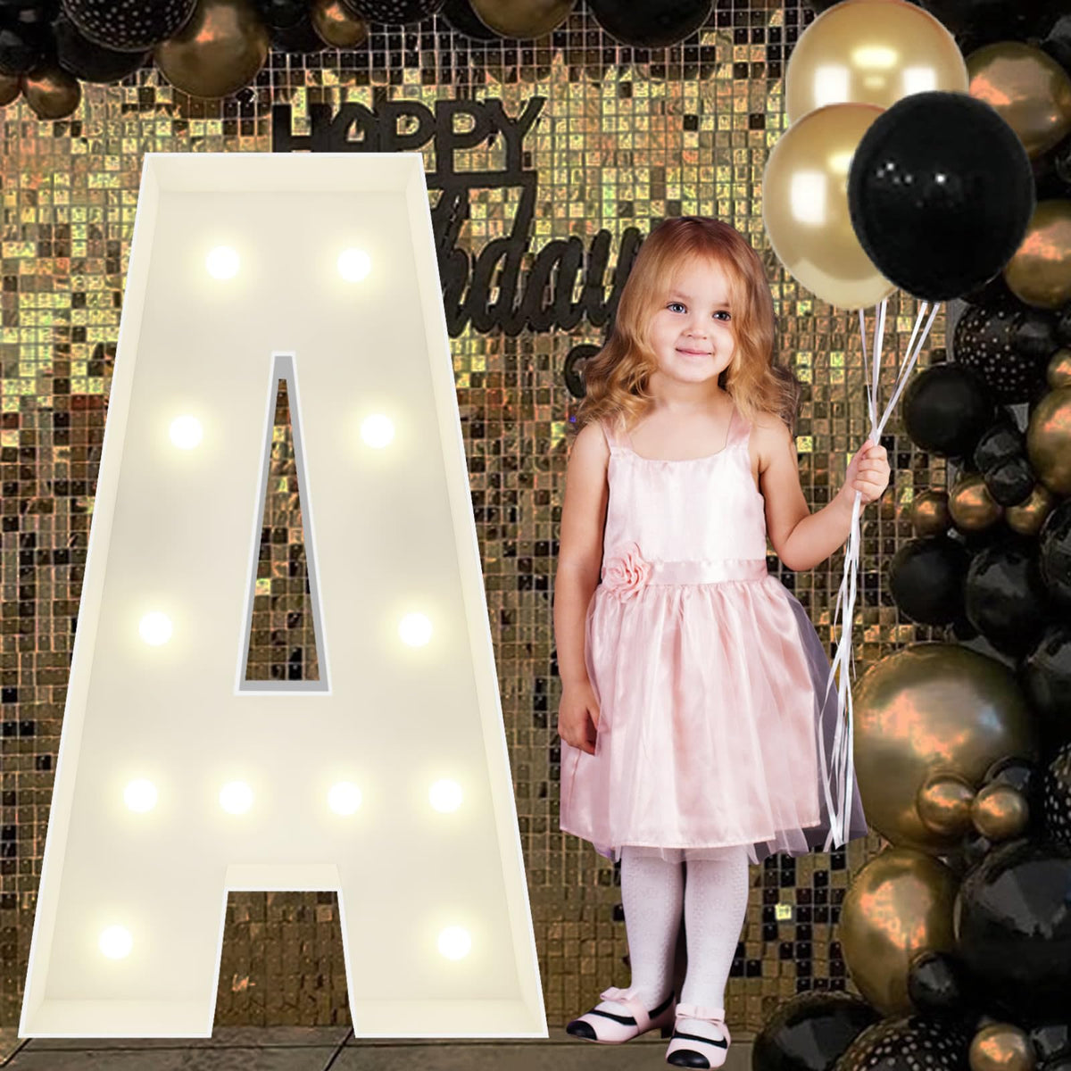 JoyBox Design 4ft marquee letter A front view enhances celebrations with bold focal lighting.