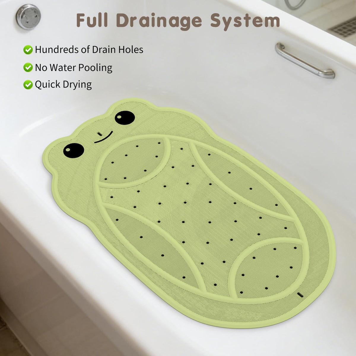 Machine-washable mat cleans easily after baths.