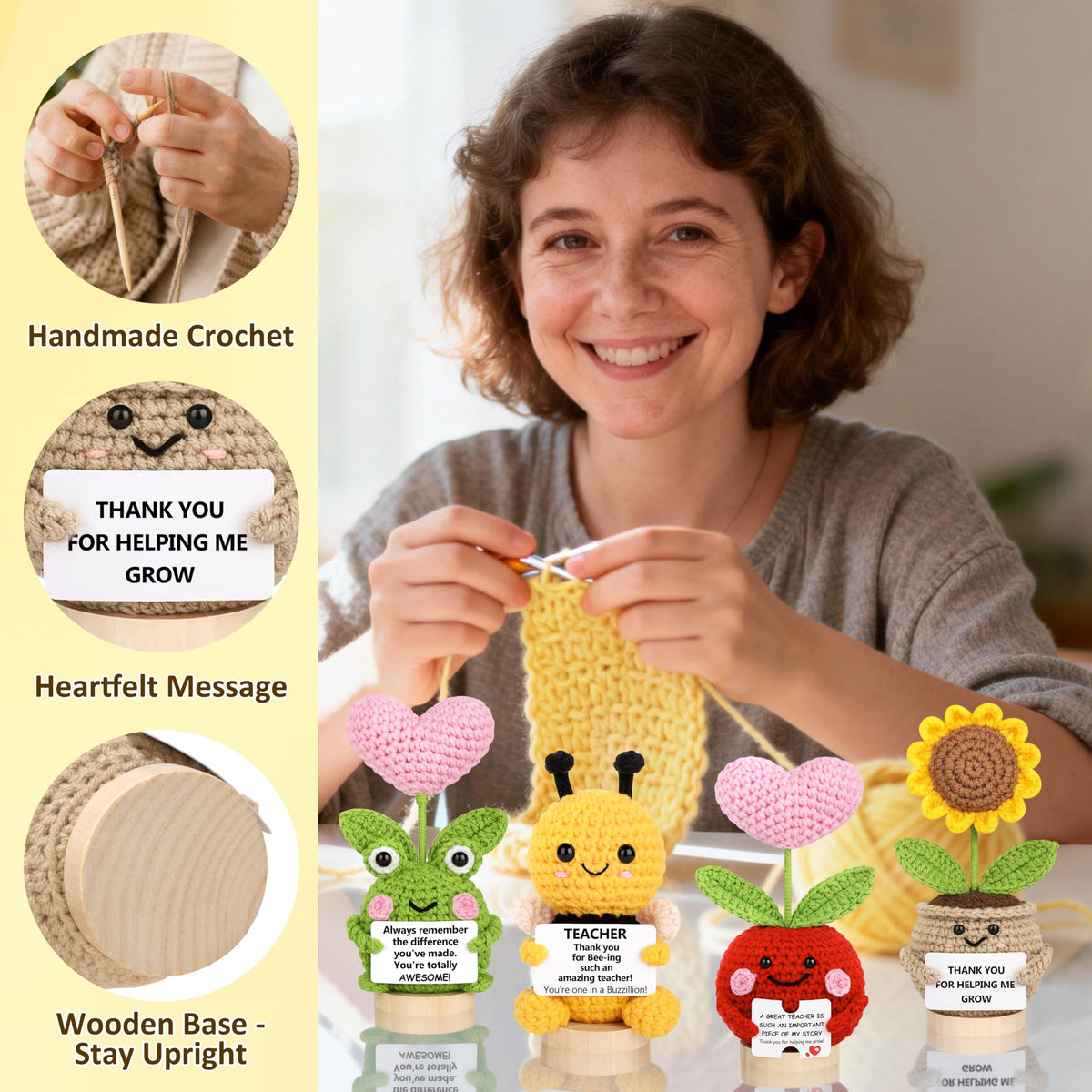 JoycuFF crochet apple figure perfect for teacher appreciation on a shelf