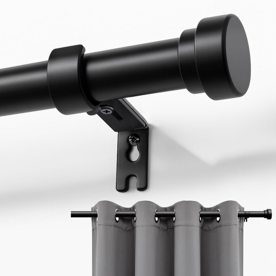Joydeco adjustable curtain rod extended 16 to 120 inches to fit varied windows.