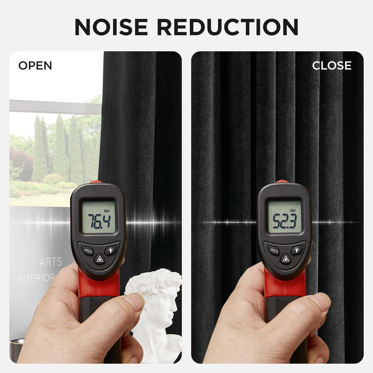 Joydeco back tab option enables versatile, hidden mounting and smooth drape.