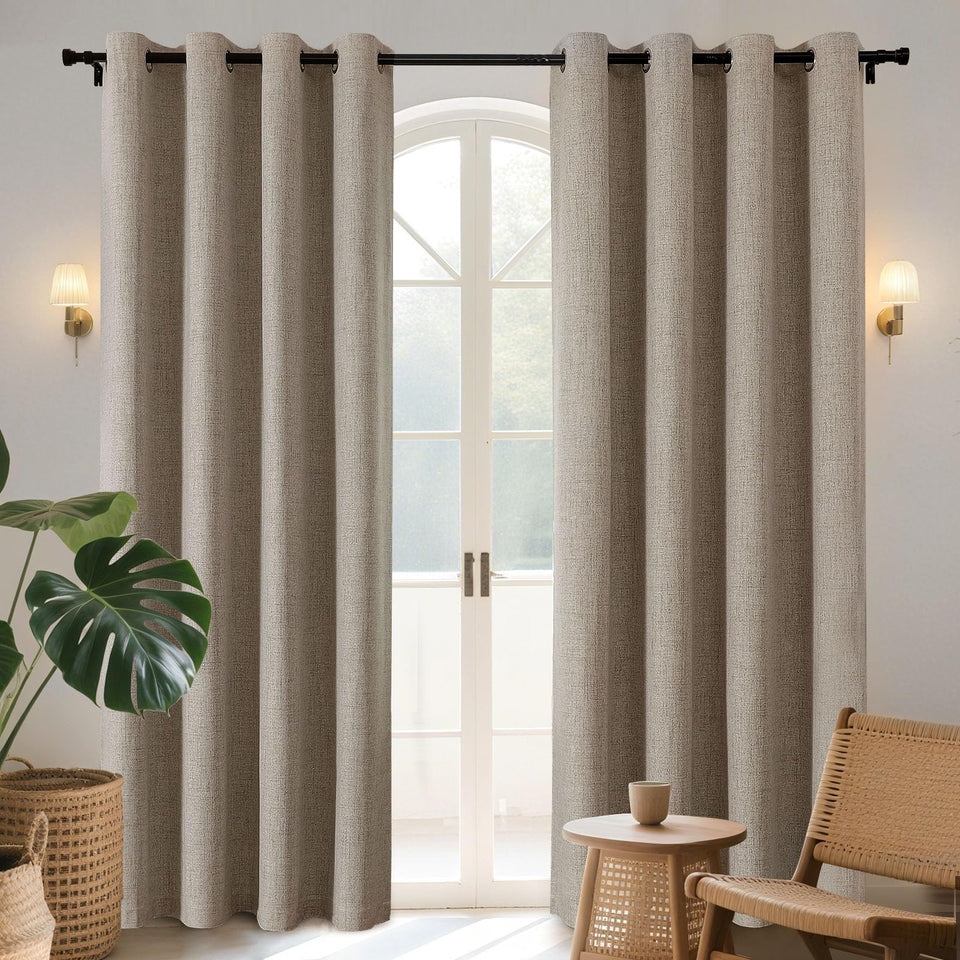 Joydeco burgundy blackout curtains close-up show textured weave and light control
