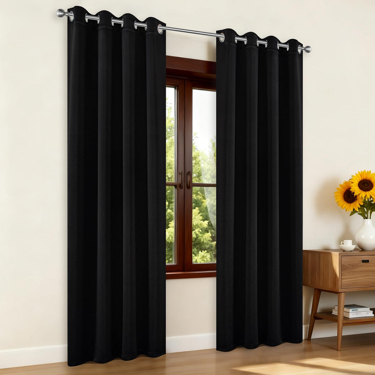 Joydeco blackout curtains in bedroom 95 inch, front view with room-darkening effect