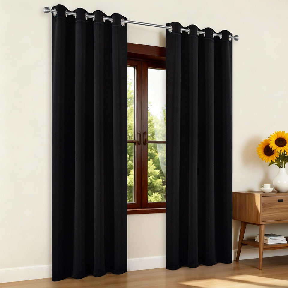 Joydeco blackout curtains in bedroom 95 inch, front view with room-darkening effect