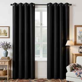 Joydeco blackout curtains in the bedroom main view provide a modern room-darkening ambiance.