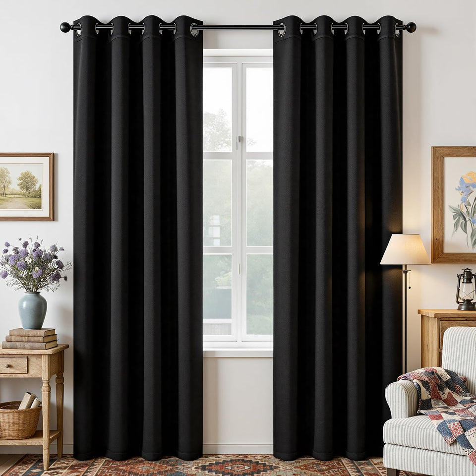 Joydeco blackout curtains in the bedroom main view provide a modern room-darkening ambiance.