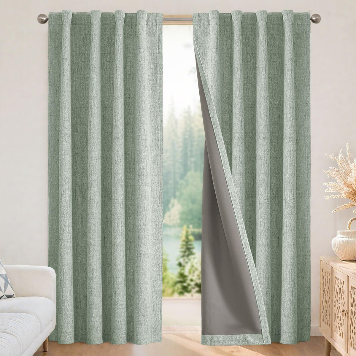 Joydeco blackout curtains sage green 84in in use at night for complete darkness
