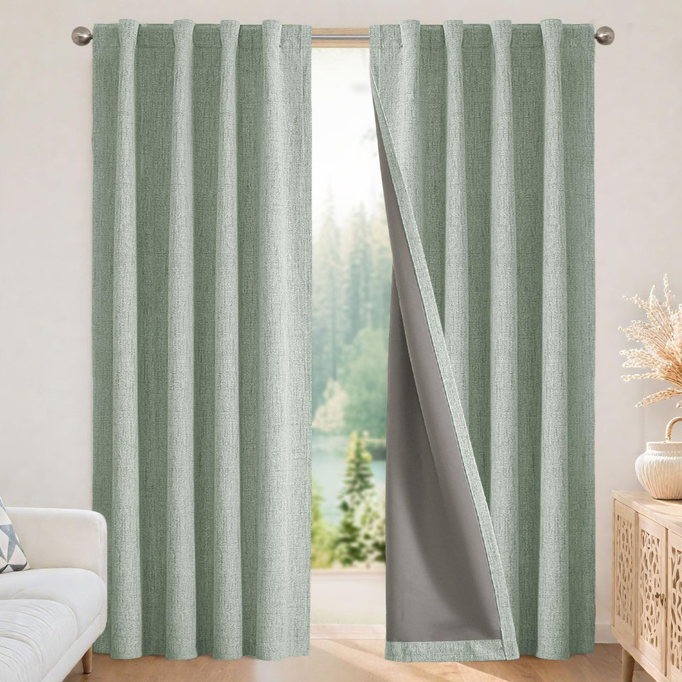 Joydeco blackout curtains sage green 84in in use at night for complete darkness
