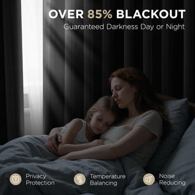 Joydeco blackout curtains show soft microfiber fabric and wrinkle resistance.