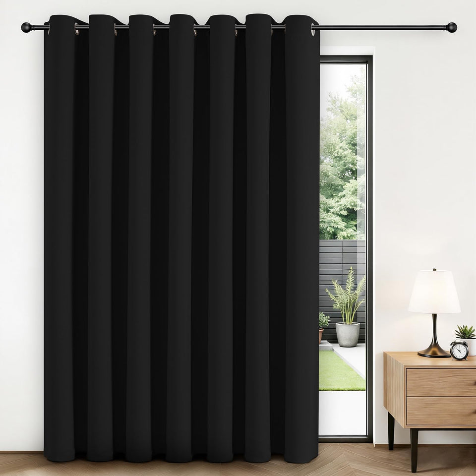 Joydeco blackout patio curtains 84in length showcase dense fabric for enhanced privacy.