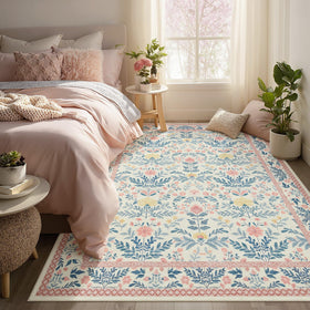 Joydeco boho floral light pink 5x7 rug with a soft plush surface for cozy play