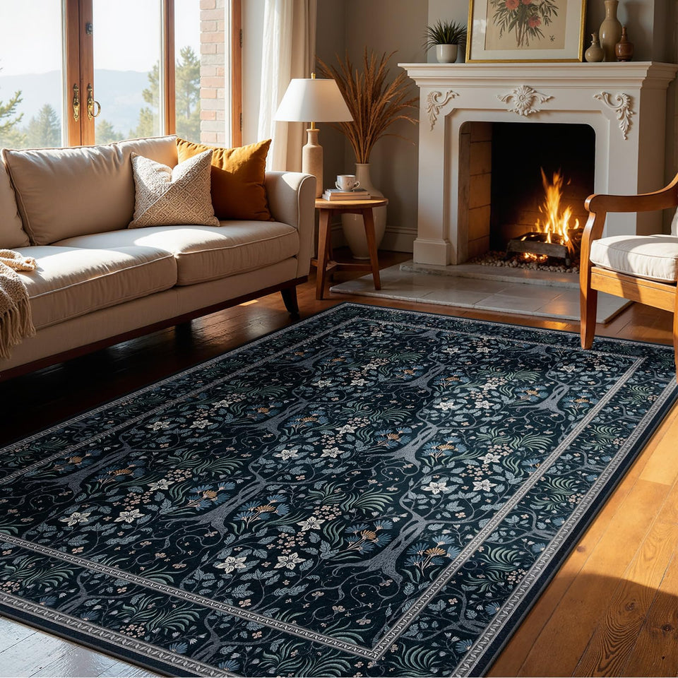 Joydeco boho floral rug 5x7 with forest motifs creates a calming living space