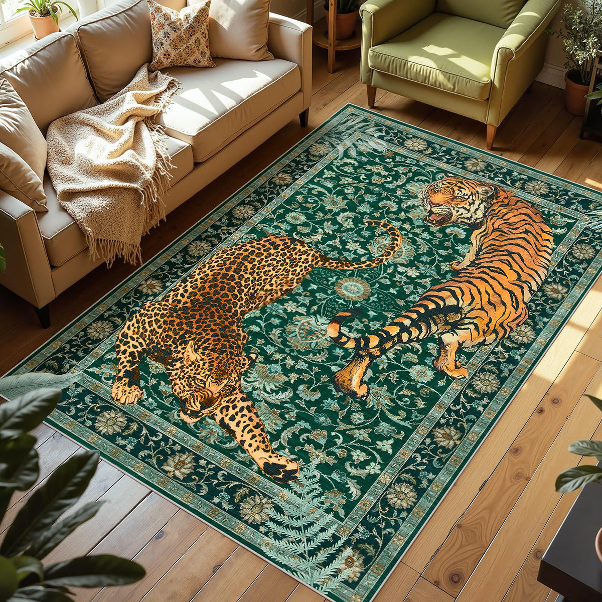 Joydeco floral botanicals rug as a centerpiece, washable and durable
