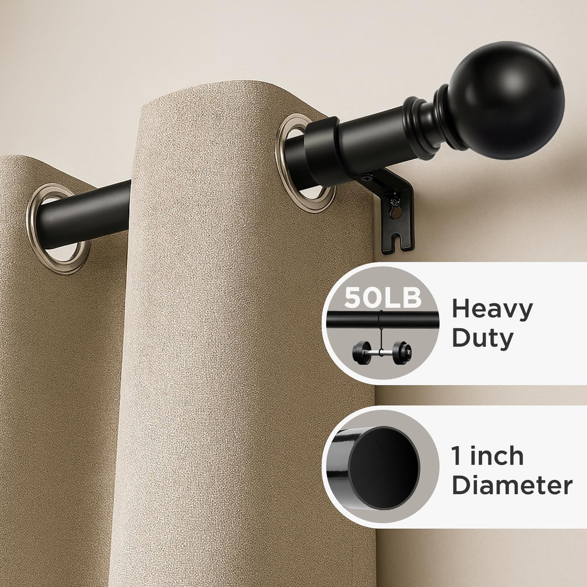 Joydeco sturdy 50-pound curtain rod provides stable support.