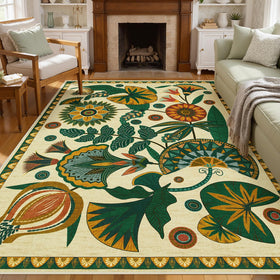 Joydeco Egypt Floral Boho 5x7 rug front view in living room with plush, cozy feel
