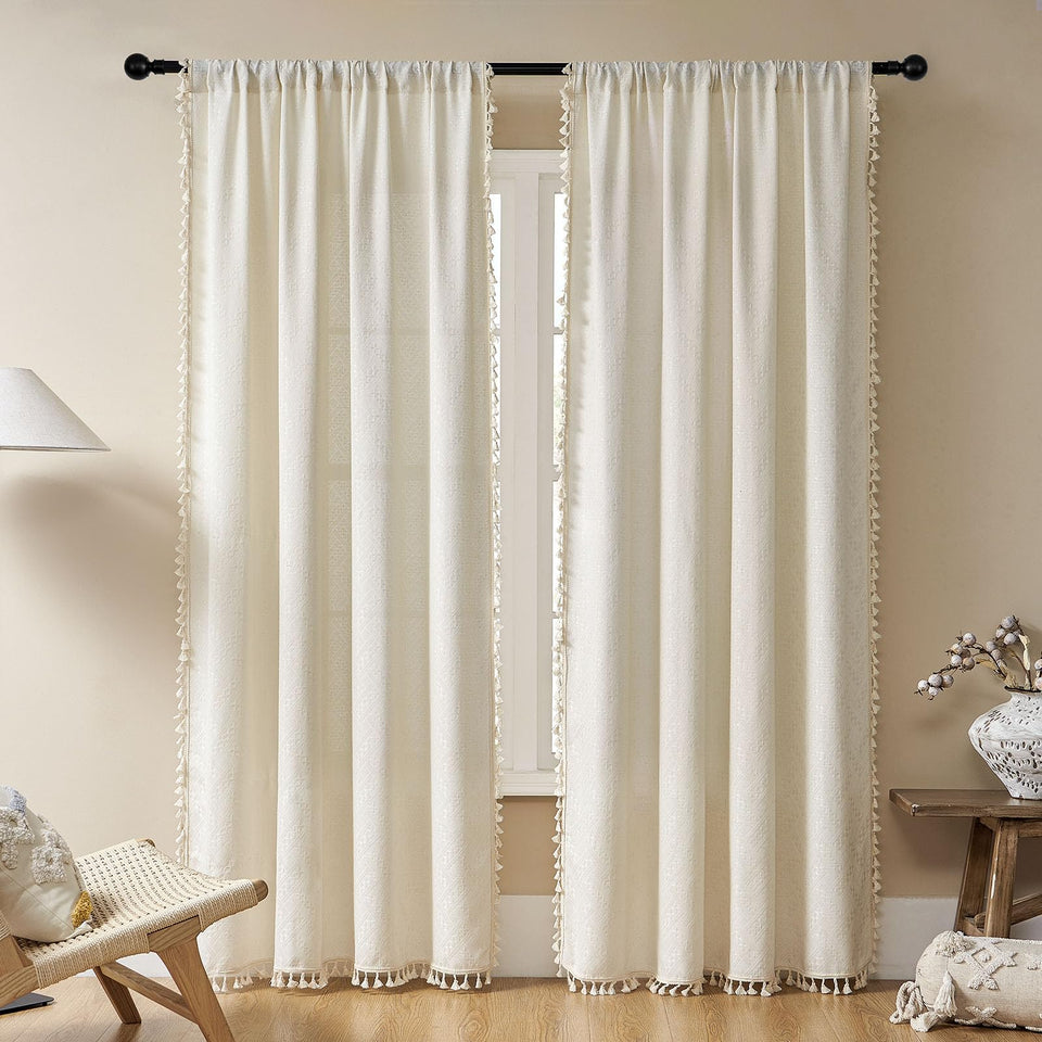 Joydeco natural linen beige curtains with tassels add boho warmth to a room
