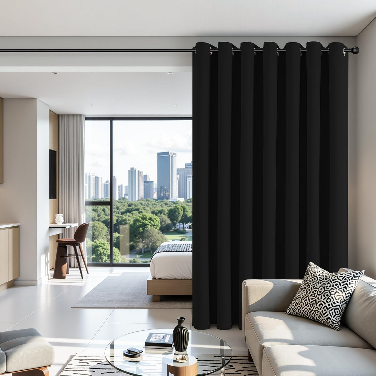Joydeco room-divider curtains provide privacy while defining living spaces.