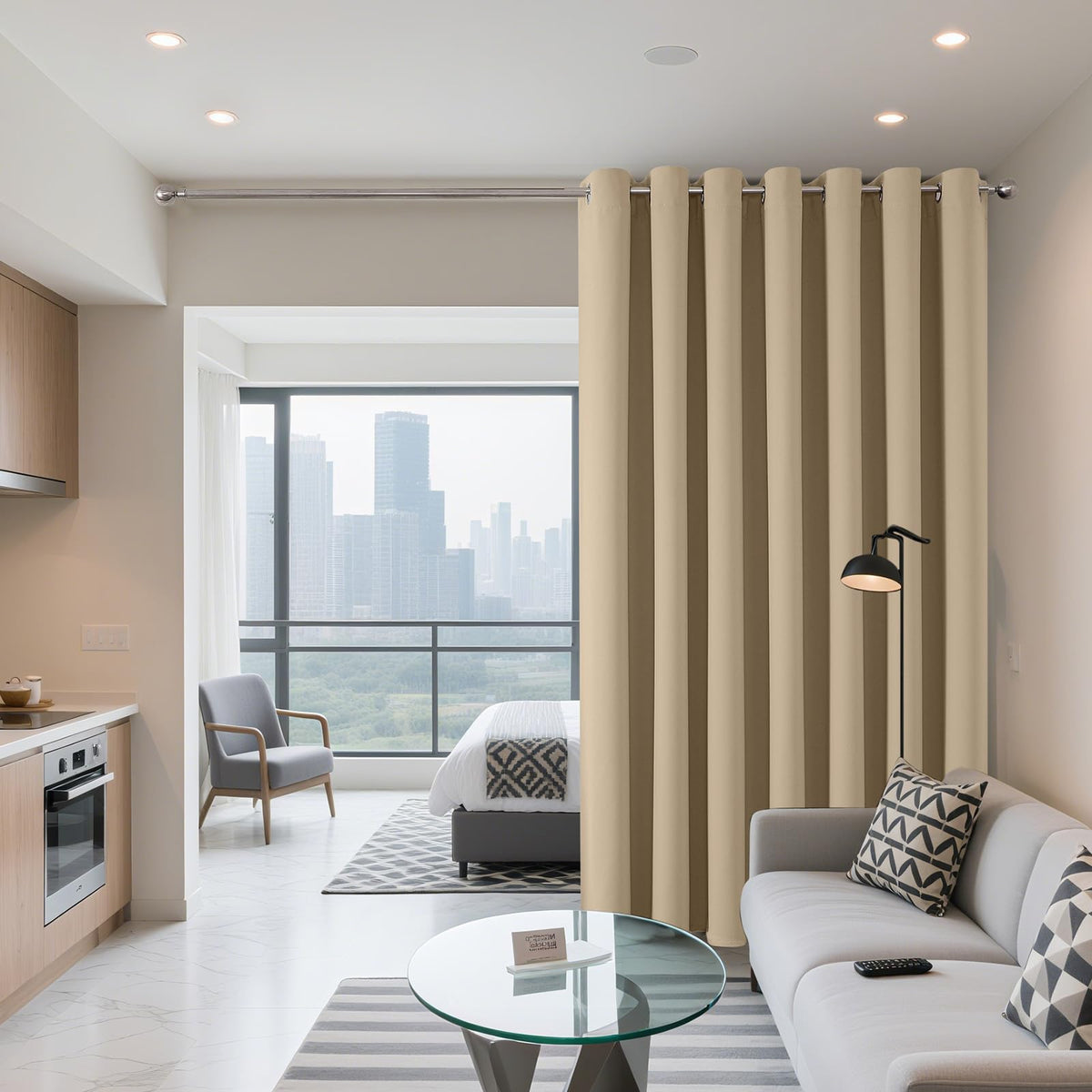 Joydeco sliding-door curtain showing silver grommets for easy installation and modern style