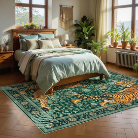 Joydeco tiger print rug for bedroom in boho green cheetah style adds vitality