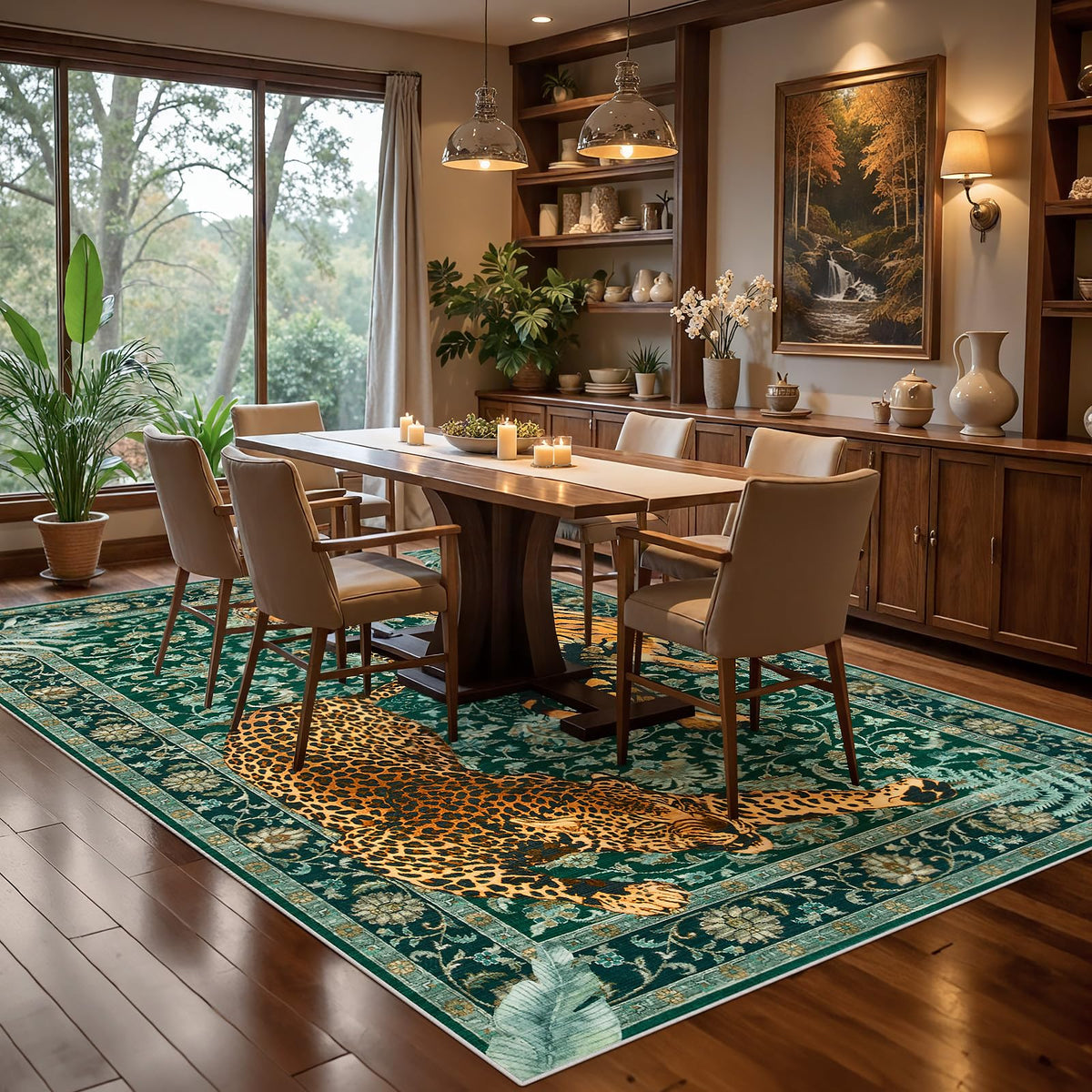 Joydeco tiger print rug in dining area with non slip backing keeps it in place