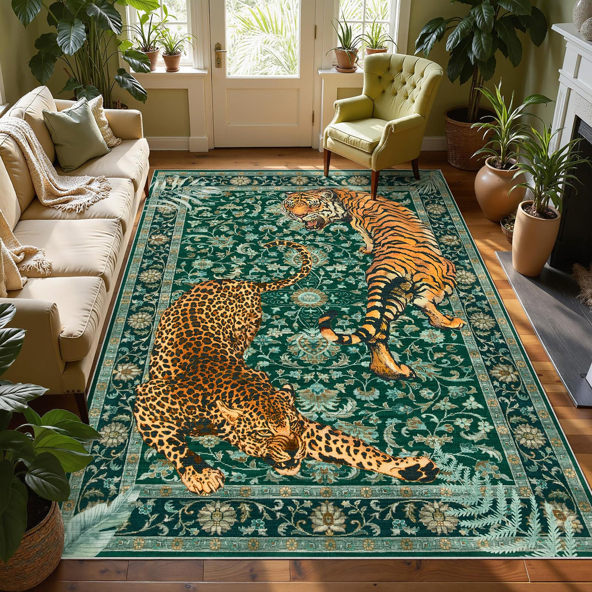 Joydeco tiger print rug for living room with soft plush texture and cozy ambiance