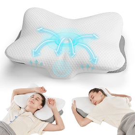 JOYENERGY memory foam cervical pillow side view shows neck alignment support.
