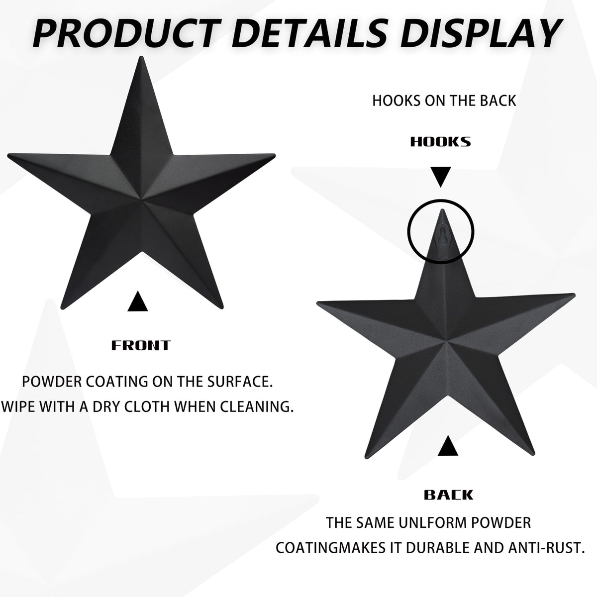 JoyEvy metal star hardware includes a back hook for simple hanging.