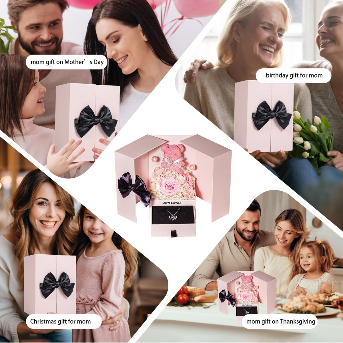 JoyFlower gift-box-with-card; ready-to-gift presentation with rose, necklace, and teddy bear.