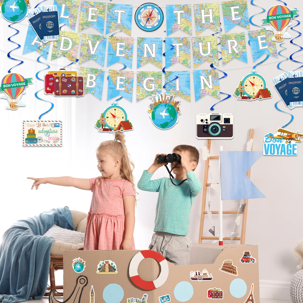 Joyful Start bon voyage decor set for a cohesive travel party ambiance