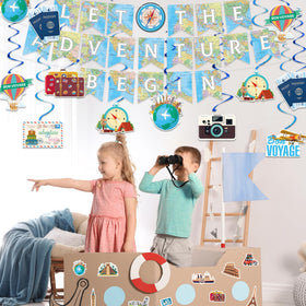 Joyful Start bon voyage decor set for a cohesive travel party ambiance