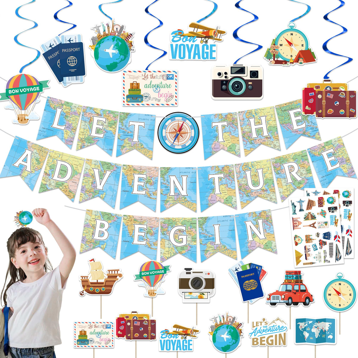 Joyful Start Let The Adventure Begin banner with map accents, ideal travel party décor