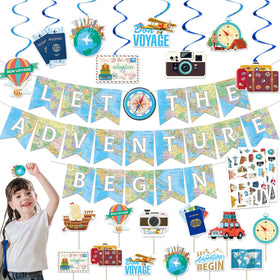 Joyful Start Let The Adventure Begin banner with map accents, ideal travel party décor